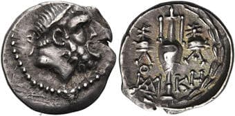 Laconia, Lakedaimon (Sparta) Triobol, magistrate Ke- circa 90-50, AR 16 mm, 2.29 g. Head of bearded Heracles wearing...