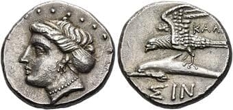 Paphlagonia, Sinope Drachm, magistrate Kallatis circa 330-300, AR 18 mm, 5 g. Head of Sinope l. Rev. ΣΙΝΩ Eagle...
