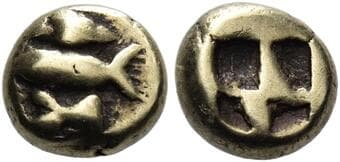 Mysia, Cyzicus 1/12 stater circa 600-550, EL 8 mm, 1.3 g. Tunny l.; above, fish head, below, fishtail. Rev....