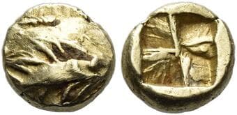 Mysia, Cyzicus 1/24 stater circa 600-550, EL 7 mm, 0.62 g. Tunny r. Rev. Quadripartite incuse square. von Fritze 17....