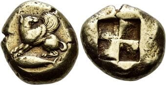 Mysia, Cyzicus Stater circa 550-450, EL 20 mm, 15.99 g. Winged hound seated l., looking backwards; below, tunny. Rev....