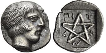 Mysia, Pitane Hemiobol circa 400-350, AR 7 mm, 0.41 g. Head of Zeus-Ammon r. Rev. ΠΙ-Τ-Α-Ν-Α around pentagram;...
