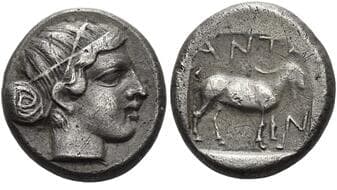 Troas, Antandrus Drachm late V century BC, AR 14 mm, 3.94 g. Female head (Artemis Astyrene ?) r. Rev. ANTA / N Goat...
