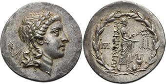 Aeolis, Myrina Tetradrachm circa 155-140, AR 34 mm, 17.03 g. Laureate head of Apollo r. Rev. MYPINAIΩN Apollon Grynios...