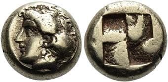 Ionia, Phocaea Hecte circa 477-388, AV 10 mm, 2.58 g. Head of a nymph l., hair bound in sakkos; in r. field, small...