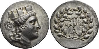 Ionia, Smyrna Tetradrachm, magistrate Arist – after 190, AR 31 mm, 16.53 g. Turreted head of Cybele r., long hair in...