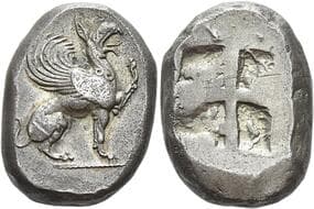 Ionia, Teos Stater circa 520-510, AR 23 mm, 12.05 g. Griffin seated r., raising forepaw. Rev. Quadripartite incuse...