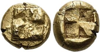 Ionia, Uncertain mint Hecte circa 600-550, EL 10 mm, 2.47 g. Svastika. Rev. Quadripartite incuse square. Rosen 314....