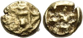 Ionia, Uncertain mint 1/12 stater circa 600-550, EL 9 mm, 1.19 g. Stylized lion head r. Rev. Incuse square punch....