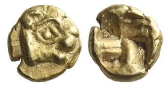 Ionia, Uncertain mint Myshemihecte circa 600-550, EL 7 mm, 0.67 g. Head of lion r. Rev. Quadripartite incuse square. ...