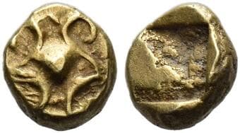 Ionia, Uncertain mint 1/48 stater circa 600-550, EL 5 mm, 0.27 g. Central pellet between four quarter curves. Rev....