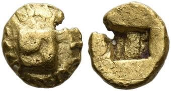 Ionia, Uncertain mint 1/48 stater circa 600-550, AV 6 mm, 0.34 g. Raised square with rays around. Rev. Incuse square....