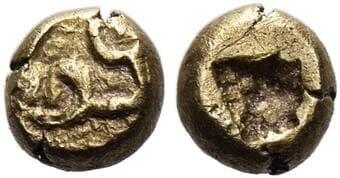Ionia, Uncertain mint 1/48 stater circa 600-550, EL 5 mm, 0.29 g. Stylized linear lion head l. Rev. Rough incuse...