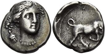Islands off Ionia, Icaria. Oinoe Drachm circa IV century BC, AR 15 mm, 3.39 g. Head of Artemis facing slightly r., bow...