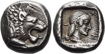 Caria, Cnidus Drachm circa 465-449, AR 16 mm, 6.24 g. Lion's forepart r. Rev. K-N-I Head of Aphrodite r., her hair...