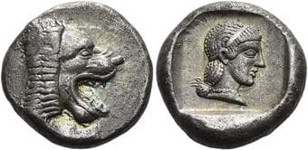 Caria, Cnidus Drachm circa 449-441, AR 17 mm, 6.19 g. Forepart of roaring lion r. Rev. Head of Aphrodite r. in incuse...