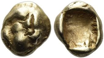 Kings of Lydia. temp. Alyattes – Croesus Myshemihekte circa 620-553, EL 6 mm, 0.58 g. Paw of lion; incuse bird...