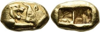Kings of Lydia. temp. Alyattes – Croesus Stater circa 561-546, AV 17 mm, 8.03 g. Confronted foreparts of lion and...