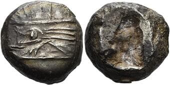 Lycia, Phaselis Stater circa 550, AR 17 mm, 10.9 g. Prow of galley l., resembling the forepart of a bull; above,...