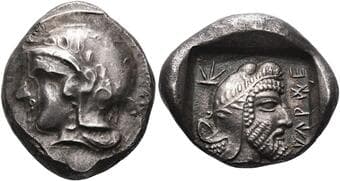 Dynasts of Lycia. Kherei, circa 430 – 410 Stater, Tlos circa 430-410, AR 22 mm, 8.54 g. Helmeted head of Athena l....