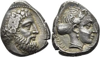 Cilicia, Nagidus Stater circa 420-400, AR 21 mm, 10.42 g. Head of Dionysus r., wearing ivy wreath. Rev. [EP...