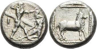 Cilicia, uncertain mint Stater circa 450-425, AR 21 mm, 10.76 g. Heracles striding r., holding club in his upraised r....