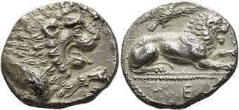 Cyprus, Amathus Evagoras I, 411-373. Didrachm circa 411-373, AR 20 mm, 6.5 g. Lion crouching r.; above, eagle and in...