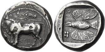 Cyprus, Paphus Onasi (–), circa 400. Siglos circa 400, AR 22 mm, 11.05 g. ba si le in Cypriot characters. Bull...