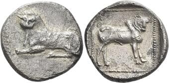 Cyprus, Uncertain mint Siglos circa 480, AR 24 mm, 10.03 g. Lion lying l. Rev. Bull standing r., within incuse square....