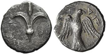 Judaea, Persian Period circa 380–332 Hemiobol, Judah, circa 332–302, AR 7 mm, 0.36 g. Lily. Rev. Falcon with spread...