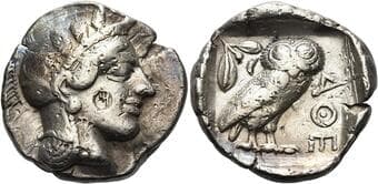 Arabia, Southern Saba' Tetradrachm, imitating Athens circa 449-404, AR 26 mm, 17.1 g. Head of Athena r., wearing...
