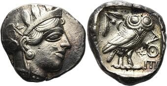 Arabia, Southern Saba' Tetradrachm circa 449-404, AR 24 mm, 17.16 g. Head of Athena r., wearing crested Attic helmet. ...