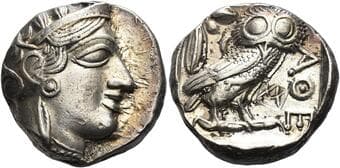 Arabia, Southern Saba' Tetradrachm circa 449-404, AR 24 mm, 17.14 g. Head of Athena r., wearing crested Attic helmet. ...