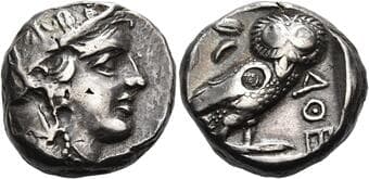 Arabia, Southern Saba' Tetradrachm, Egyptian imitation circa 393-355, AR 21 mm, 17.05 g. Head of Athena r., wearing...