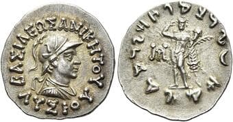Kings of Bactria, Lysias, circa 130 – 125 Drachm circa 130-125, AR 18 mm, 2.45 g. BAΣIΛEΩΣ ANIKHTΟΥ ΛYΣIOY...
