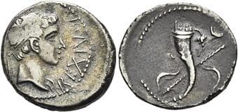 Kings of Mauretania. Juba II, 25 BC – AD 24 Denarius, Caesarea circa 25 BC – AD 24, AR 17 mm, 2.86 g. REX IVBA...