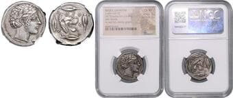 ANCIENT COINS SICILY, LEONTINI Tetradrachm (450 - 430 BC), Sicily, Leontini, Boehr. 46 NGC Ch XF , Strike 5/5 ,...