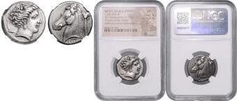 ANCIENT COINS SICILY, SICULO-PUNIC Tetradrachm (320 - 300 BC), Siculo Punic, HGC 284 NGC VF , Strike 4/5 , Surface...