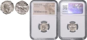 ANCIENT COINS ROMAN EMPIRE, ANTONINUS PIUS Denarius (138 - 161 AD), Antoninus Pius, RIC 136 NGC Ch AU , flan flaw |...