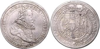 HOUSE OF HABSBURG FERDINAND II (1617 - 1637) 1 Thaler, 1621, Ensisheim, 27,39g, Dav 3168 about EF | about EF ...