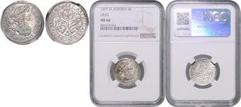 HOUSE OF HABSBURG LEOPOLD I (1657 - 1705) 3 Kreuzer, 1697, I A Graz, Her 1361 NGC MS 66 LEOPOLD I. (1657 - 1705) ...