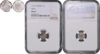 HOUSE OF HABSBURG CHARLES VI (1711 - 1740) Pfennig (one-sided), 1727, Graz, Her 1031 NGC MS 63 | Mimořádný...