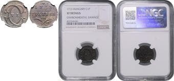 HOUSE OF HABSBURG CHARLES VI (1711 - 1740) Poltura (pattern coin), 1713, Kremnica, Husz 1644 NGC XF DETAILS...