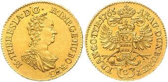 HOUSE OF HABSBURG MARIA THERESA (1740 - 1780) 2 Ducats, 1765, Karlsburg, 6,98g, Früh 1426 EF | EF MARIE TEREZIE...