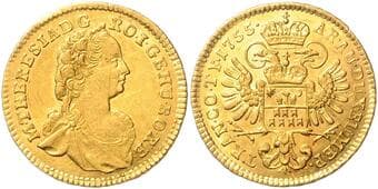 HOUSE OF HABSBURG MARIA THERESA (1740 - 1780) 1 Ducat, 1755, Karlsburg, 3,48g, Her 207 about EF | EF , vlasové...