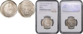 HOUSE OF HABSBURG MARIA THERESA (1740 - 1780) 20 Kreuzer, 1773, I.C. S.K., Her 854 NGC MS 62 | Mimořádný...