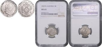 HOUSE OF HABSBURG FRANCIS II / I (1792 - 1806 - 1835) 3 Kreuzer, 1829, A, Früh 492 NGC MS 65 | Mimořádný...