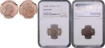 HOUSE OF HABSBURG FRANCIS II / I (1792 - 1806 - 1835) 1/2 Kreuzer, 1800, F, Früh 1889 NGC MS 64 BN | Mimořádný...