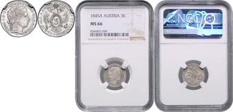 HOUSE OF HABSBURG FERDINAND V / I (1835 - 1848) 3 Kreuzer, 1845, A, Früh 910 NGC MS 66 | Mimořádný exemplář!...