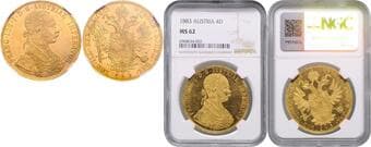 HOUSE OF HABSBURG FRANZ JOSEPH I (1848 - 1916) 4 Ducats, 1883, Wien, Früh 1132 NGC MS 62 | Mimořádný...